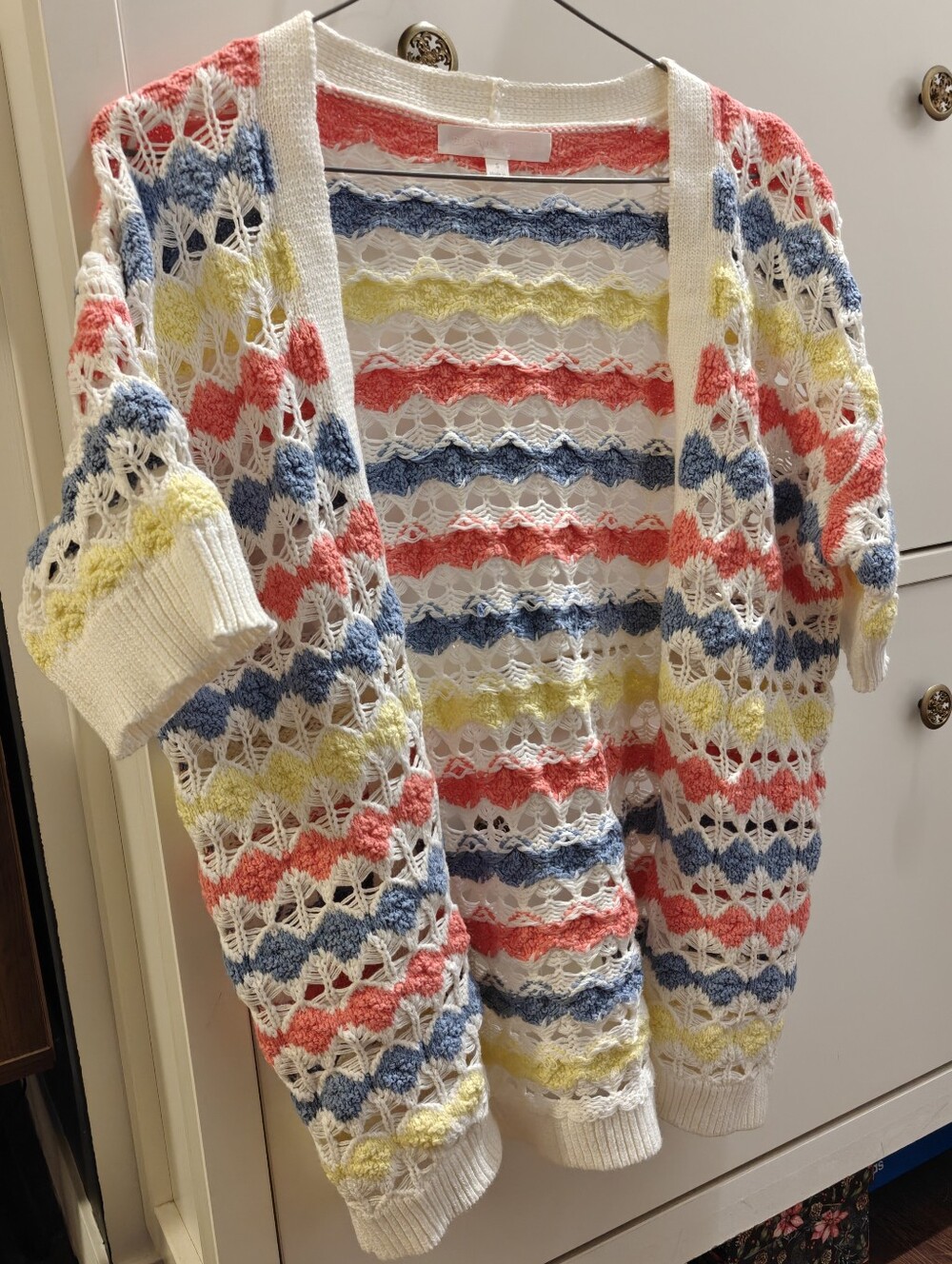 Adyson Parker White Open-Knit Cardigan with Coral, Blue & Yellow Stripes